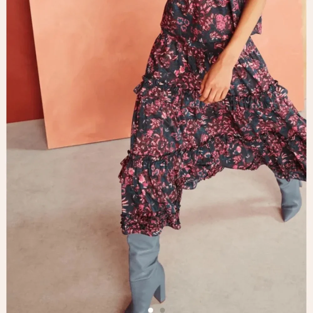 ULLA JOHNSON Amalia Midnight Floral Midi Skirt Tiered Ruffle Pink Navy Size‎ 2